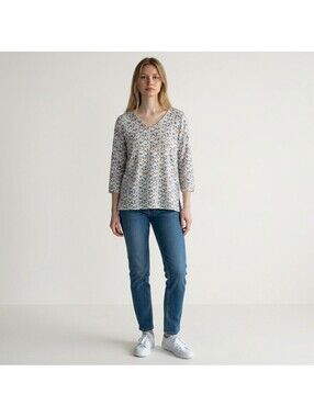 Mario Serrani Blouse Women L Large White Floral V-Neck 3/4 Sleeve Casual